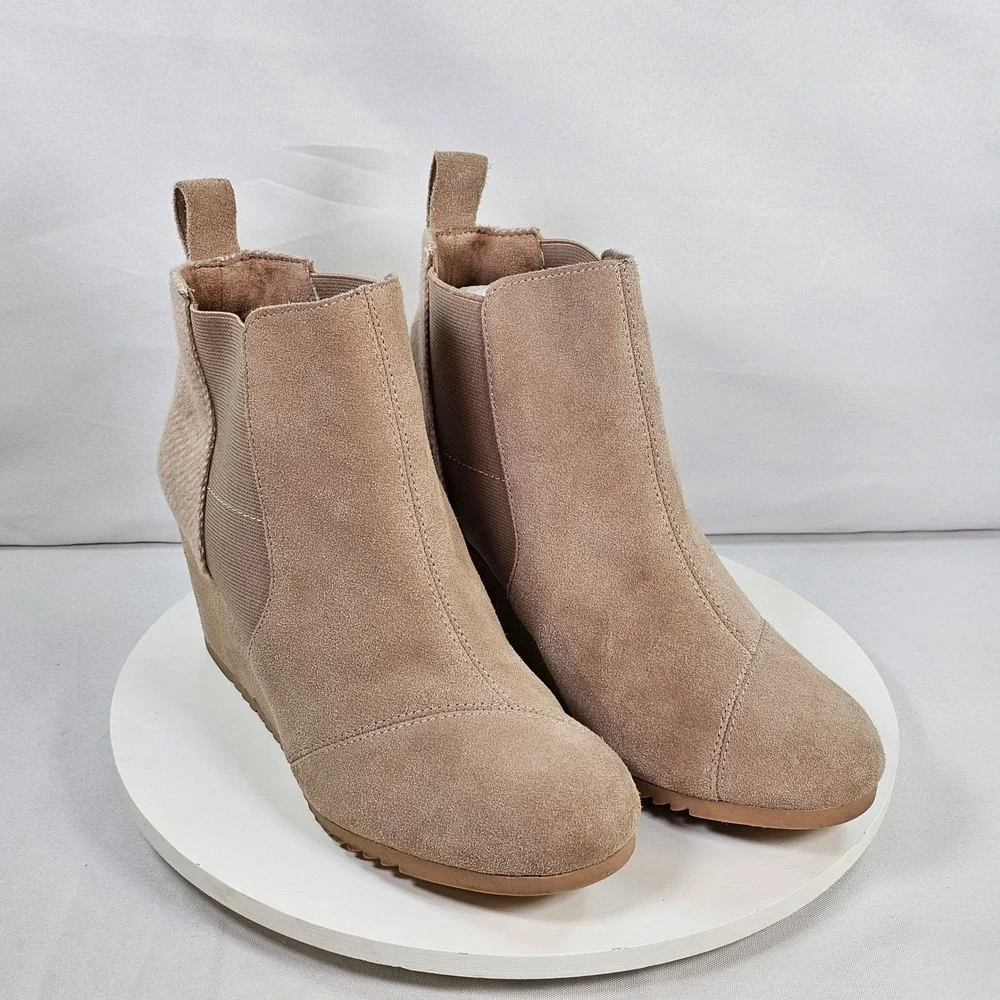 TOMS Kelsey Tan Suede Herringbone Wedge Ankle Booties 10018614 Womens 8.5